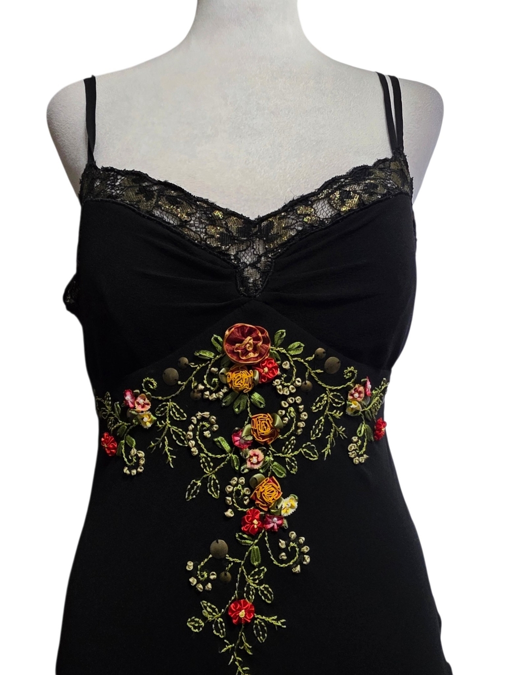 Cache Black Embroidered Floral Slip Dress Lace Handkerchief Hem Fairy Grunge 4 - Picture 3 of 13